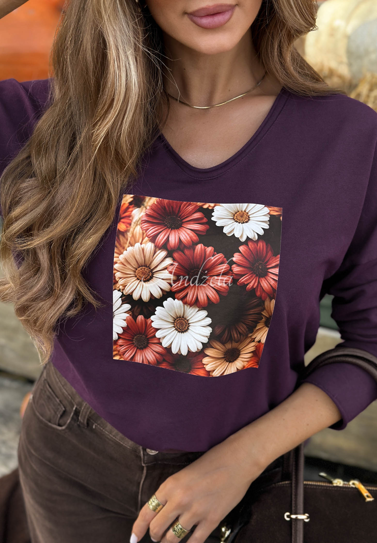 Bawełniana bluzka longsleeve z nadrukiem w kwiaty Autumn Sweetie jagodowa