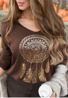 Lekki sweter z nadrukiem Golden Dreams czekoladowy