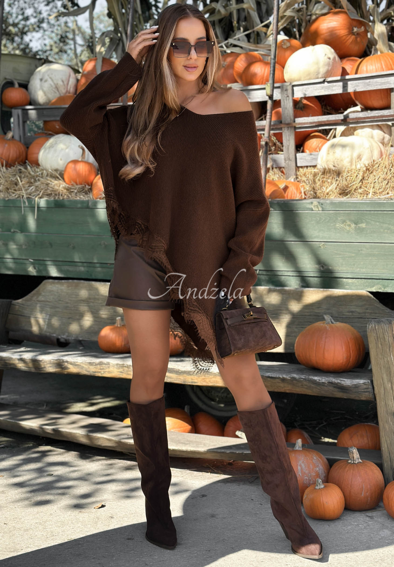Secret Desire Asymmetrical Sweater with Lace, Chocolate Brown