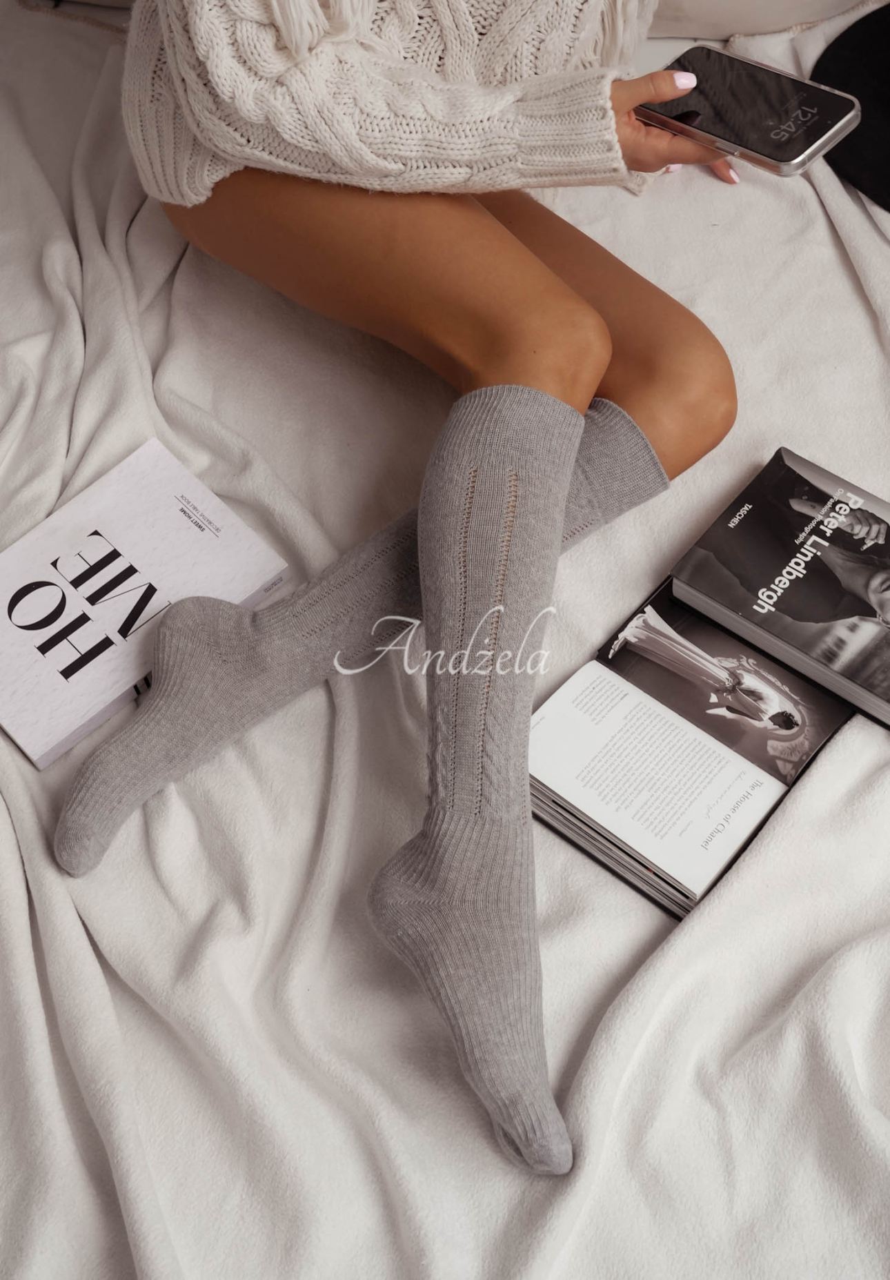 Laugh Often Gray Openwork Knee-High Socks