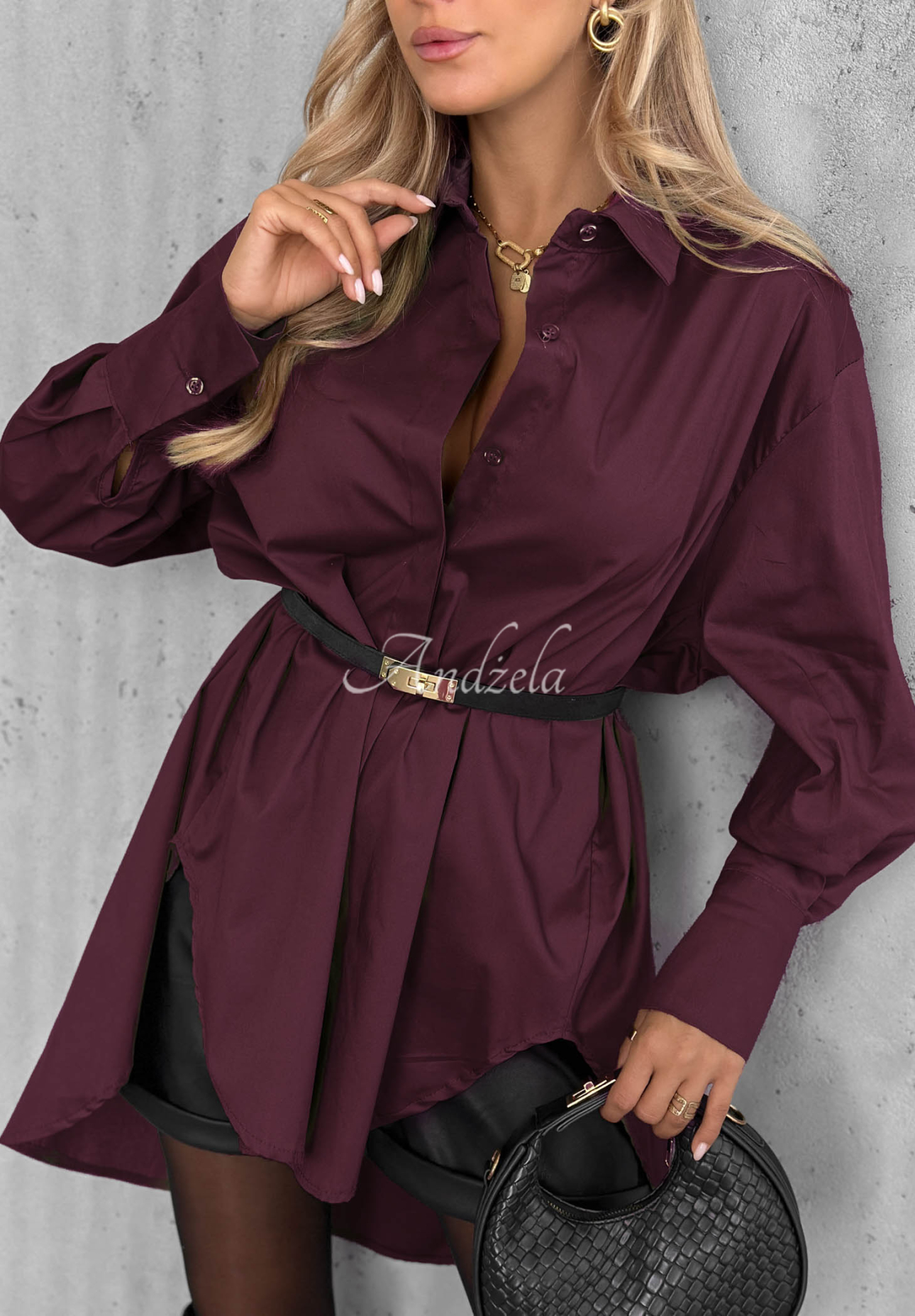 Soft Darling Asymmetrical Cotton Shirt with Collar, Berry Blue