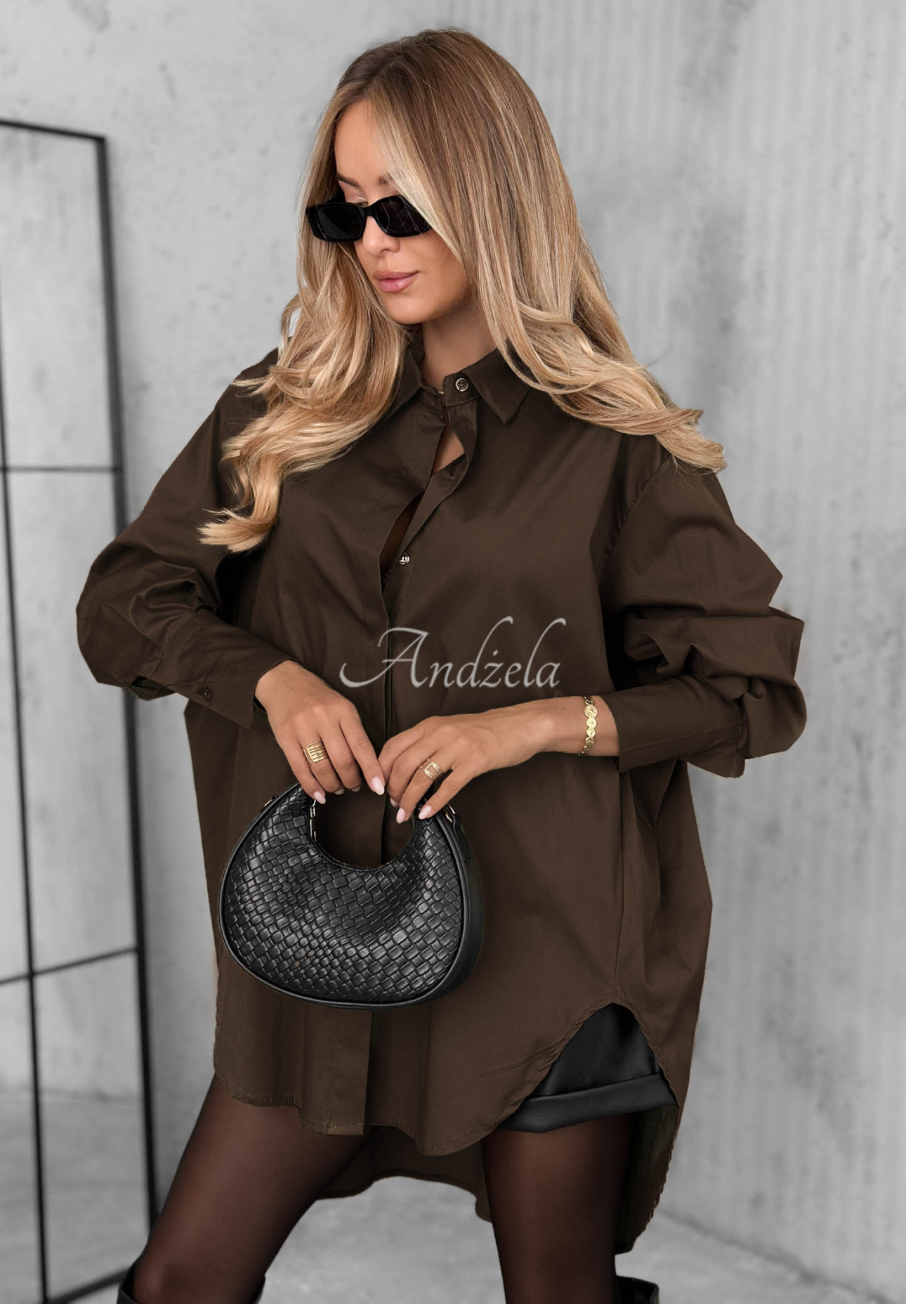 Soft Darling Asymmetrical Cotton Shirt with Collar, Chocolate Brown