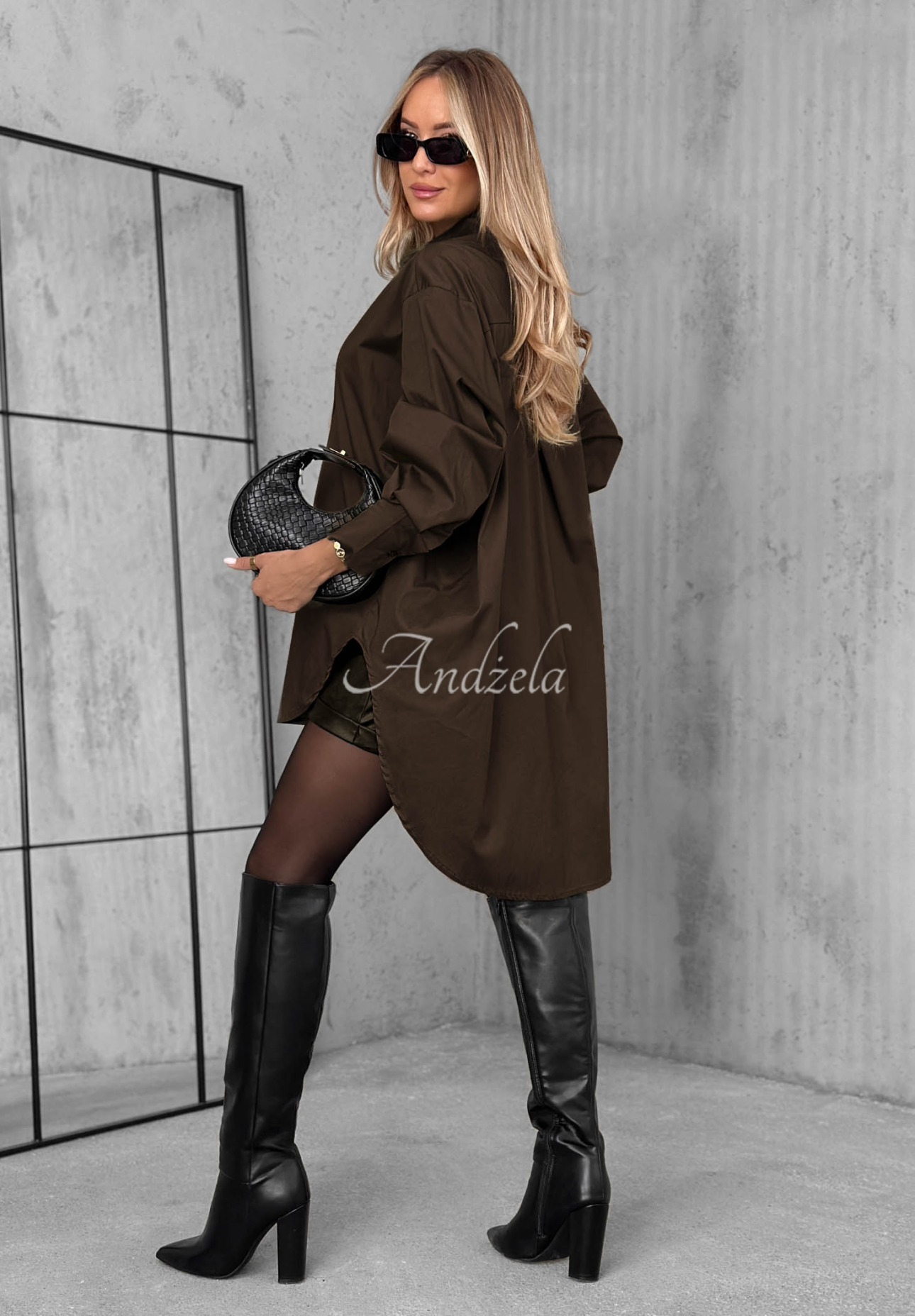 Soft Darling Asymmetrical Cotton Shirt with Collar, Chocolate Brown