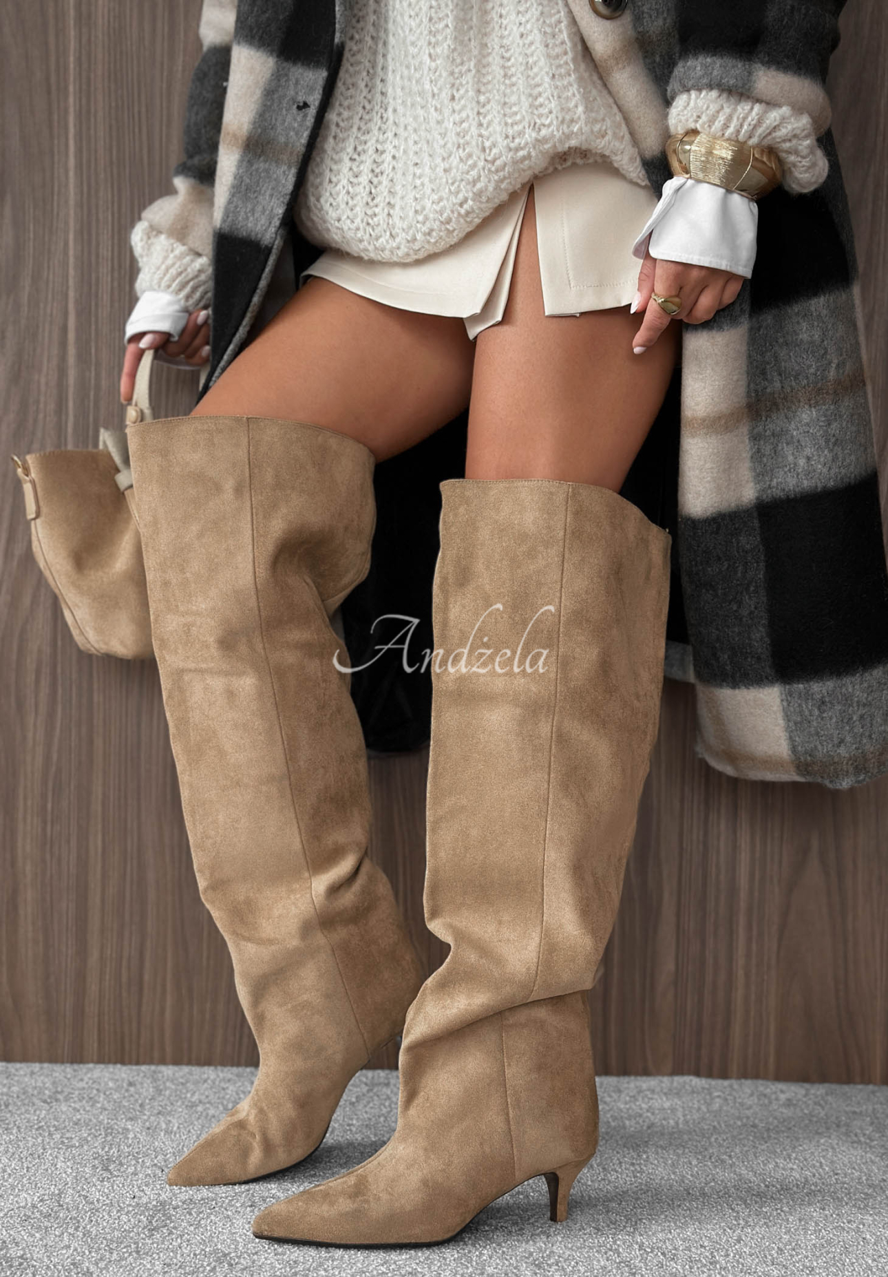 Golden Steps Long Beige Suede Stiletto Boots