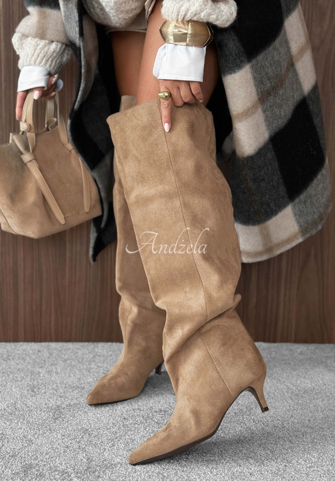 Golden Steps Long Beige Suede Stiletto Boots