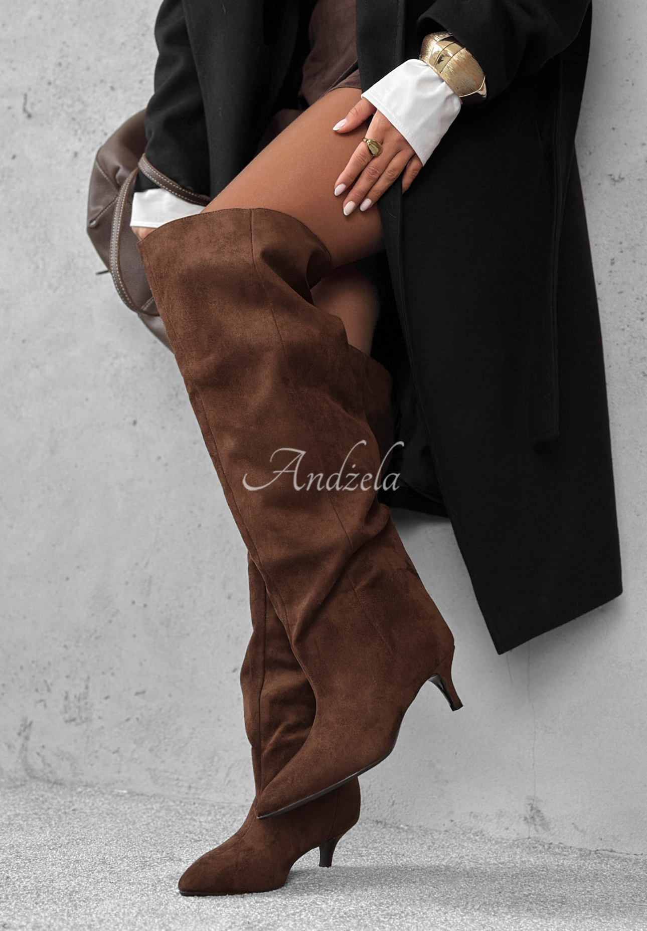 Golden Steps Long Suede Stiletto Boots in Chocolate Brown
