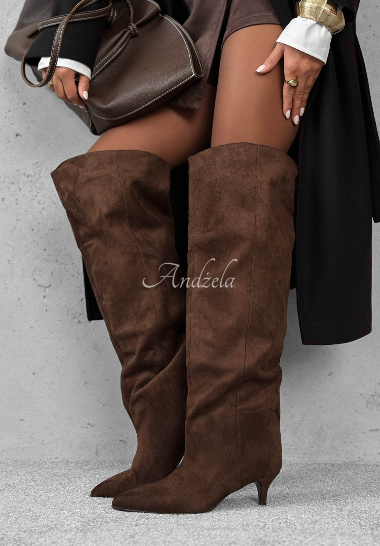 Golden Steps Long Suede Stiletto Boots in Chocolate Brown