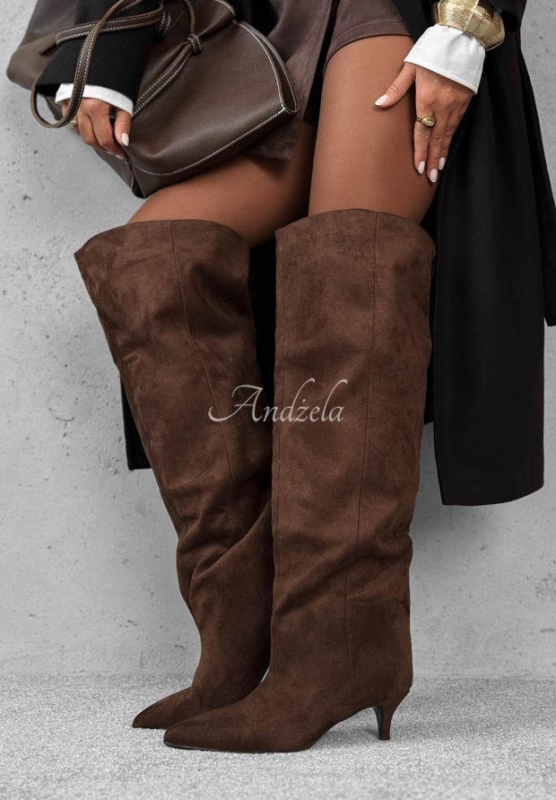Golden Steps Long Suede Stiletto Boots in Chocolate Brown