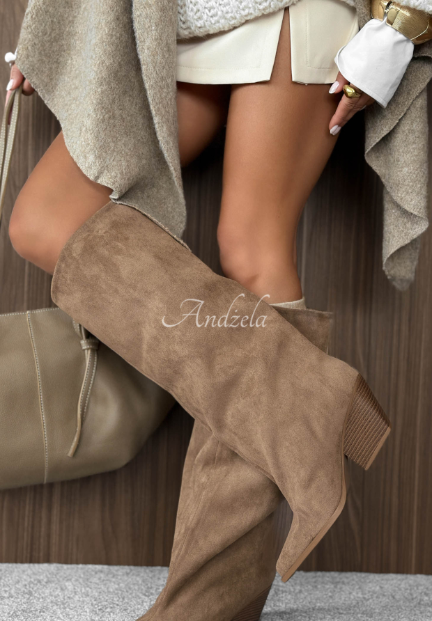 Coffee Walk Beige Suede Knee-High Boots with a Heel