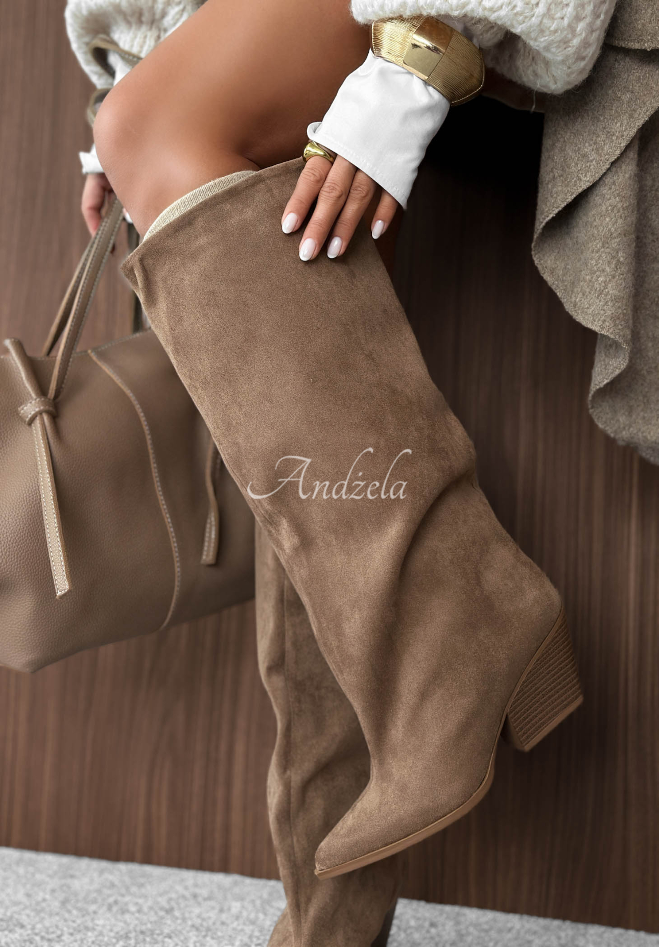 Coffee Walk Beige Suede Knee-High Boots with a Heel