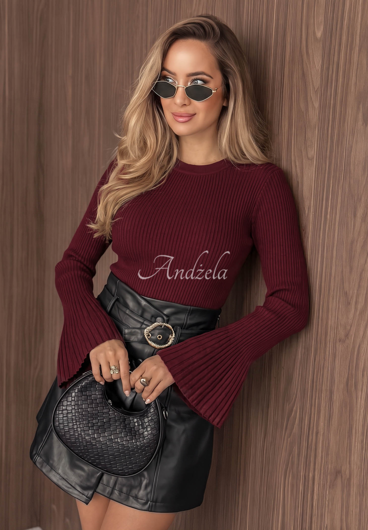 Sunny Primrose burgundy ribbed viscose sweater with bell sleeves