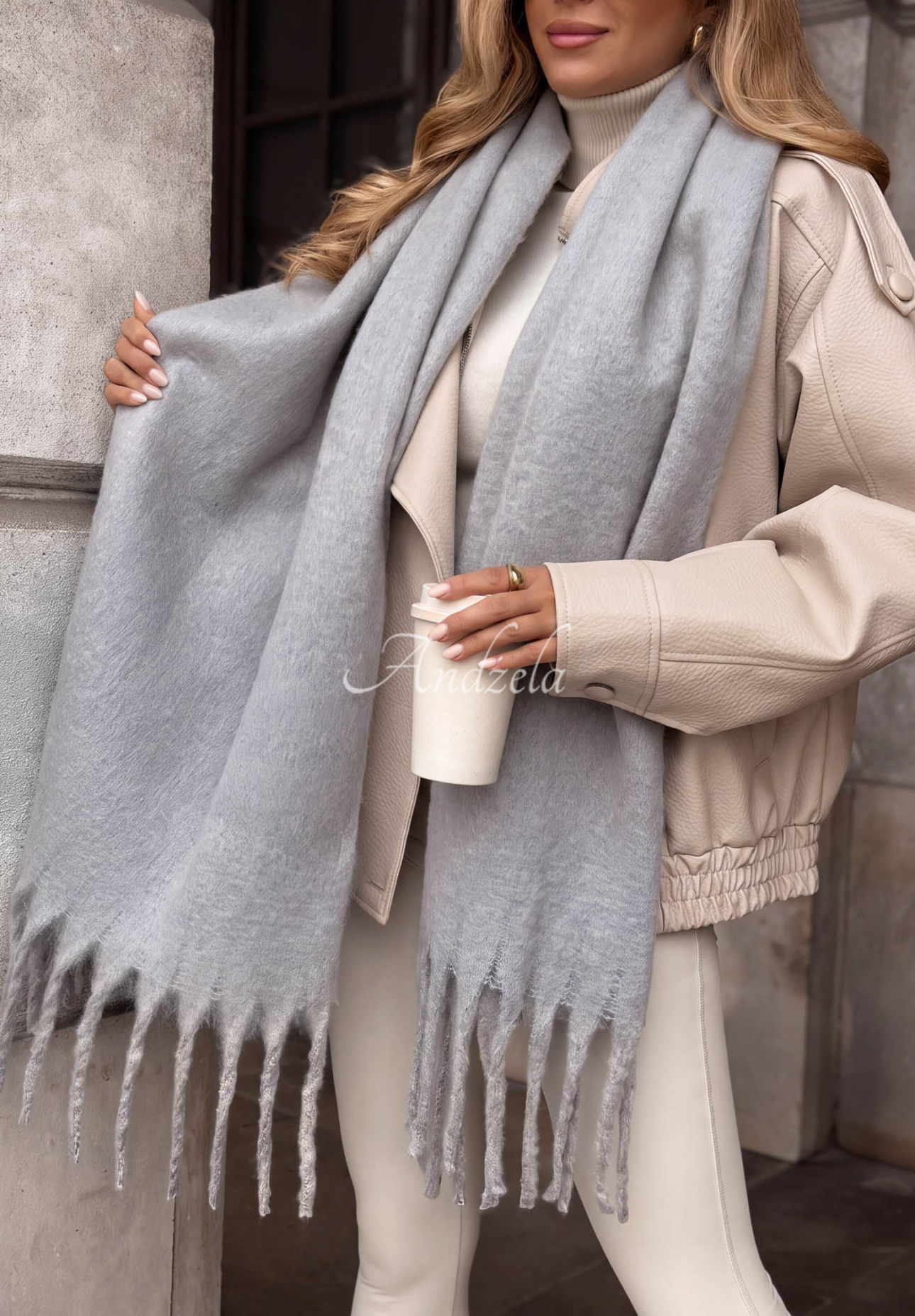 Snow Darling Soft Fringed Scarf, Light Gray