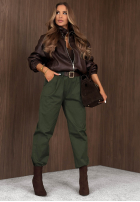 Bawełniane spodnie mom fit z paskiem Casual Look khaki