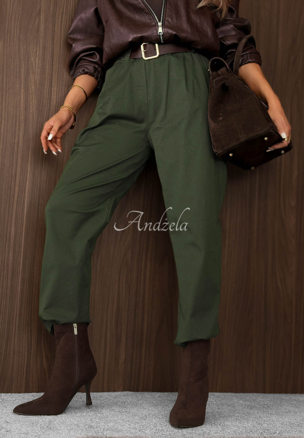 Bawełniane spodnie mom fit z paskiem Casual Look khaki