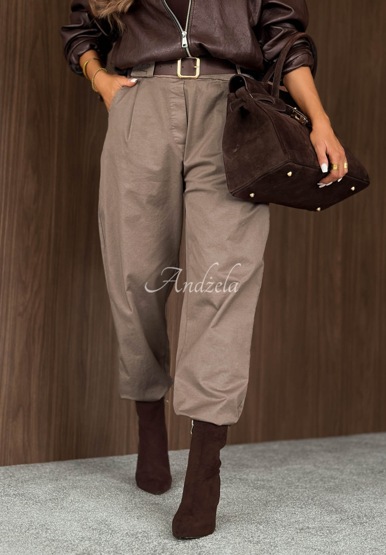 Cotton mom-fit pants with a belt, Casual Look, mocha