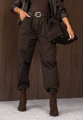 Casual Look Chocolate-Colored Mom-Fit Cotton Pants with a Belt