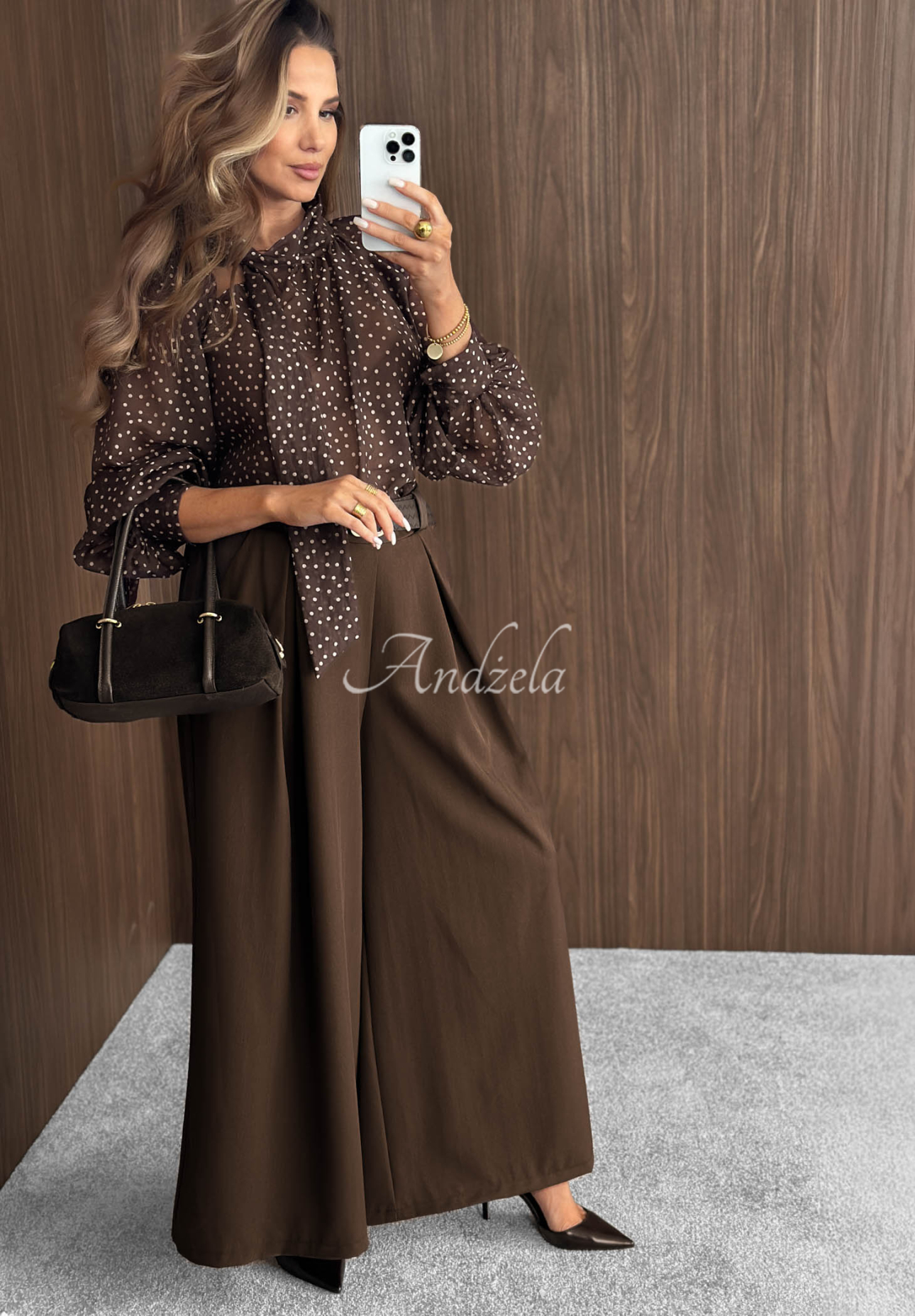 Gentle Kiss Chocolate Polka Dot Tie-Front Blouse