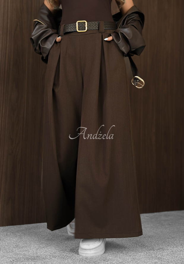 Simple Elegance wide-leg fabric pants with a belt in chocolate brown