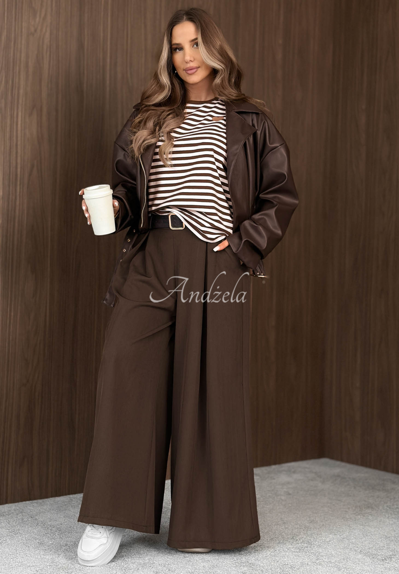 Lovely Heart White and Chocolate-Brown Striped Cotton Long-Sleeve Blouse