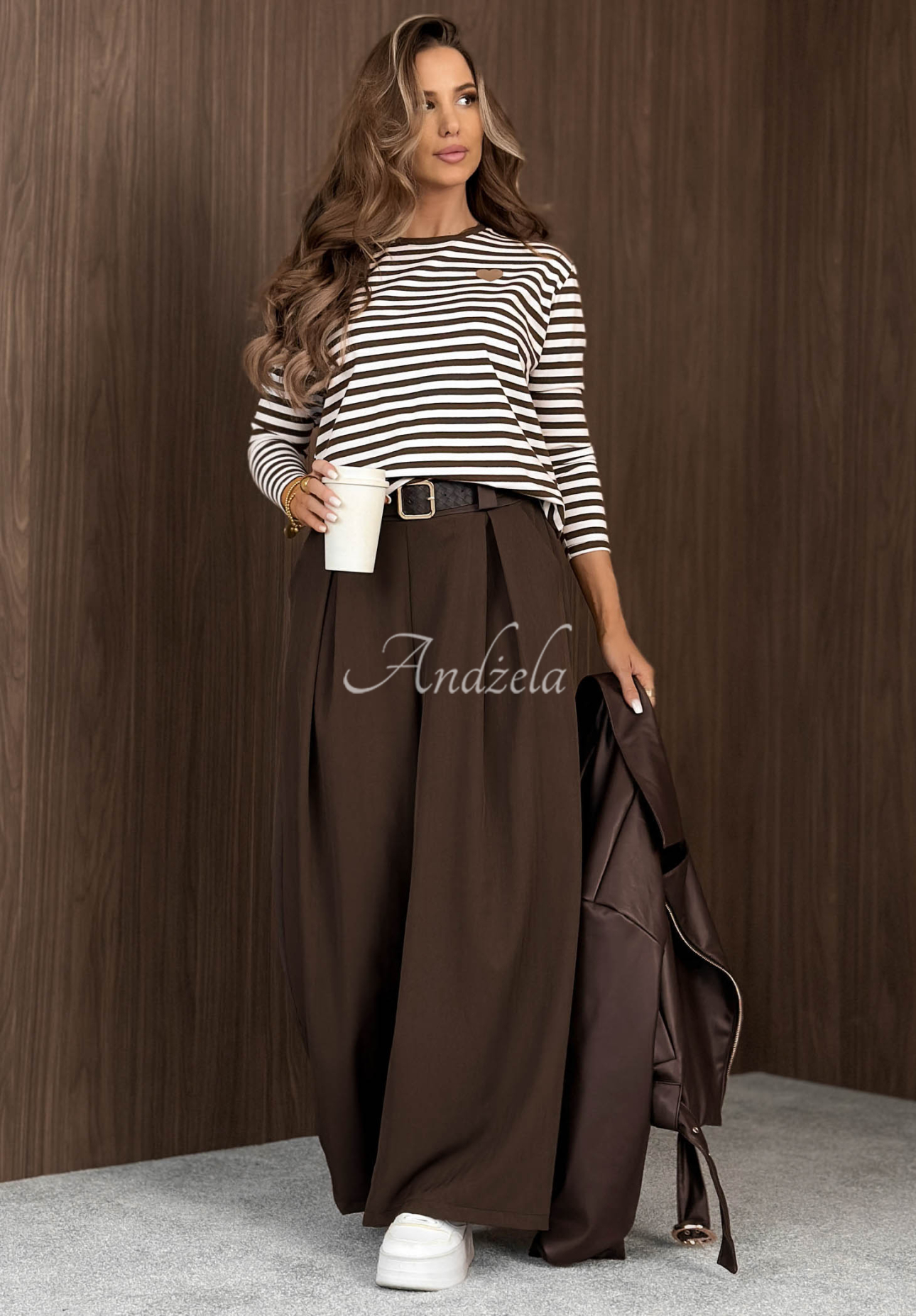 Lovely Heart White and Chocolate-Brown Striped Cotton Long-Sleeve Blouse