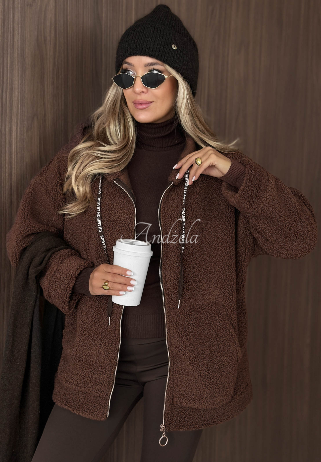 Warm Espresso Chocolate-Colored Hooded Sheepskin Jacket with Pockets