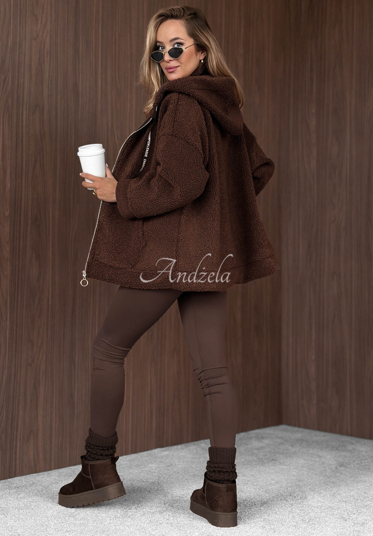 Warm Espresso Chocolate-Colored Hooded Sheepskin Jacket with Pockets