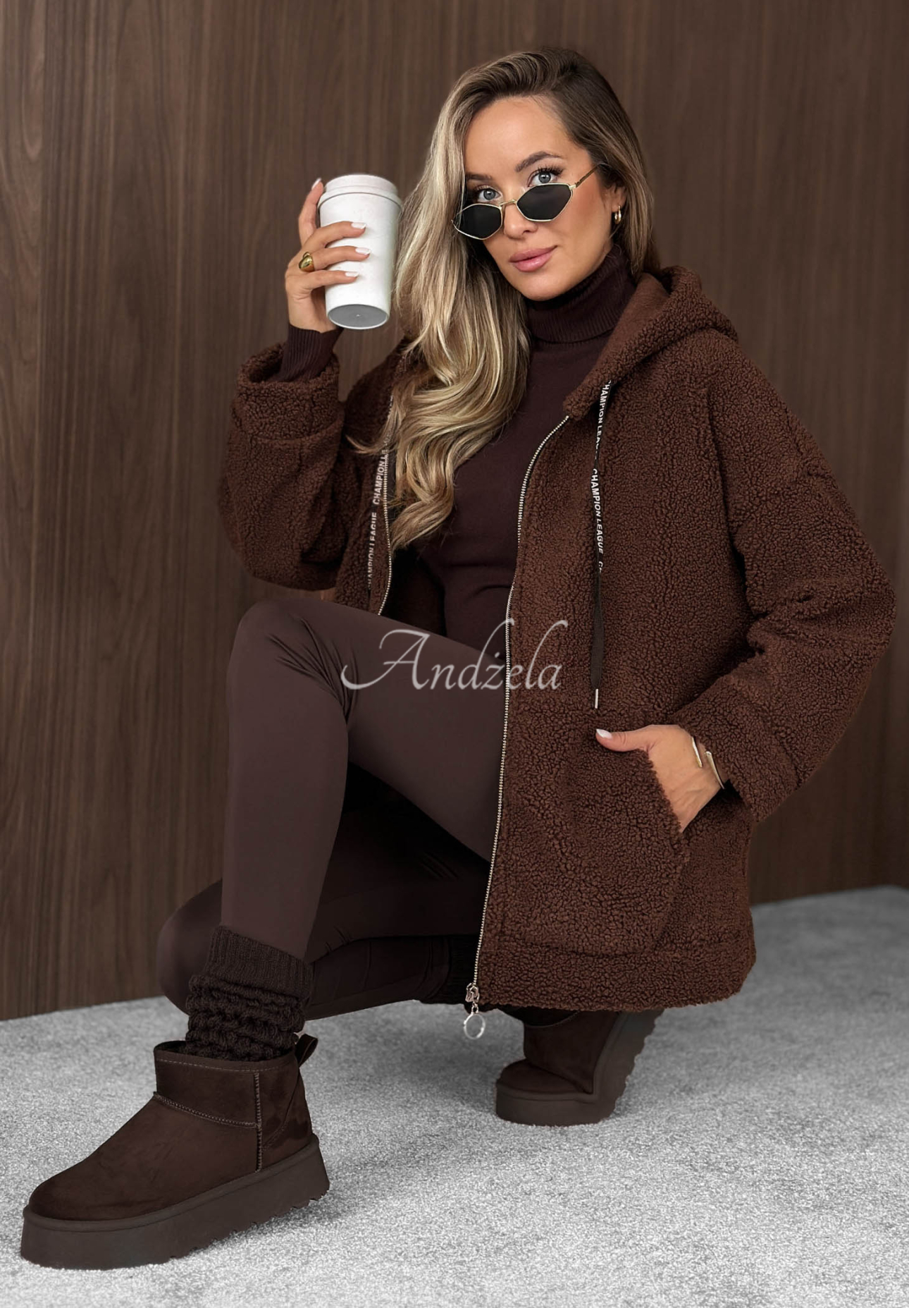 Warm Espresso Chocolate-Colored Hooded Sheepskin Jacket with Pockets