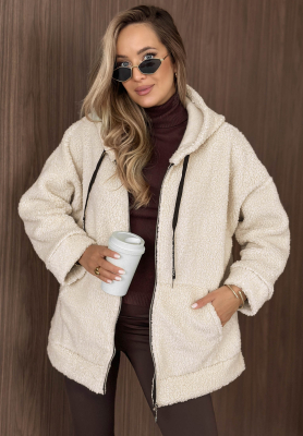 Beige "Warm Espresso" Hooded Sheepskin Jacket with Pockets