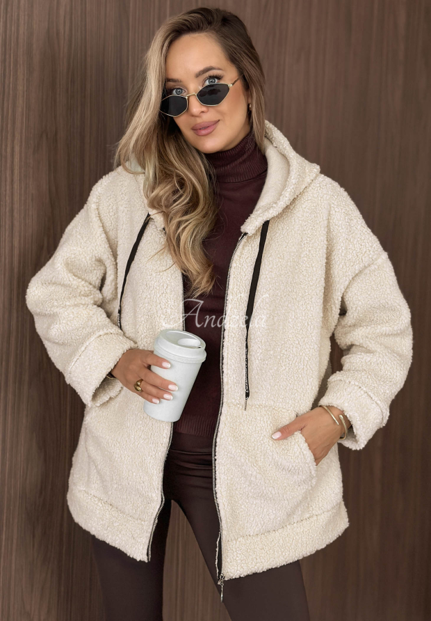 Beige "Warm Espresso" Hooded Sheepskin Jacket with Pockets