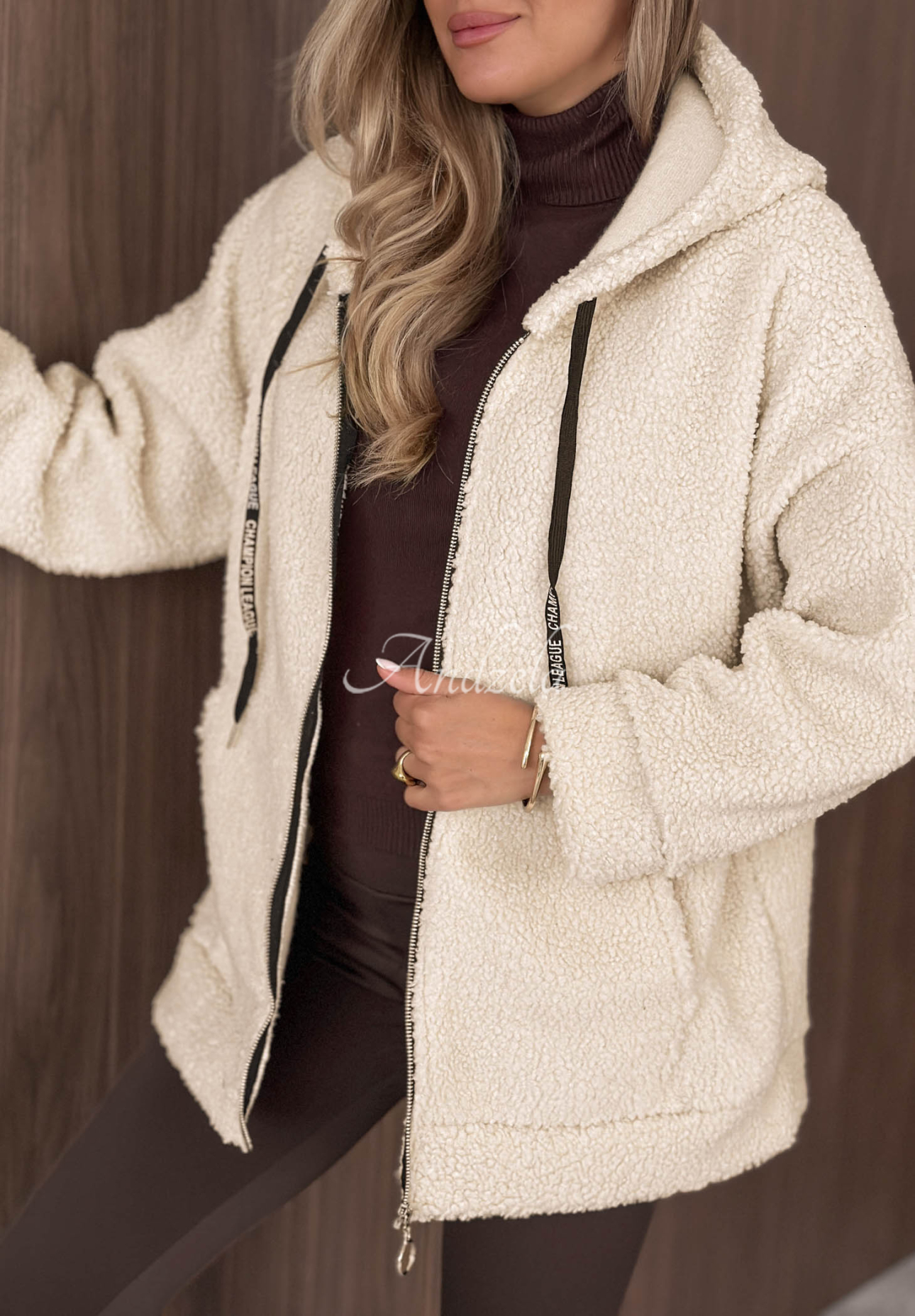 Beige "Warm Espresso" Hooded Sheepskin Jacket with Pockets