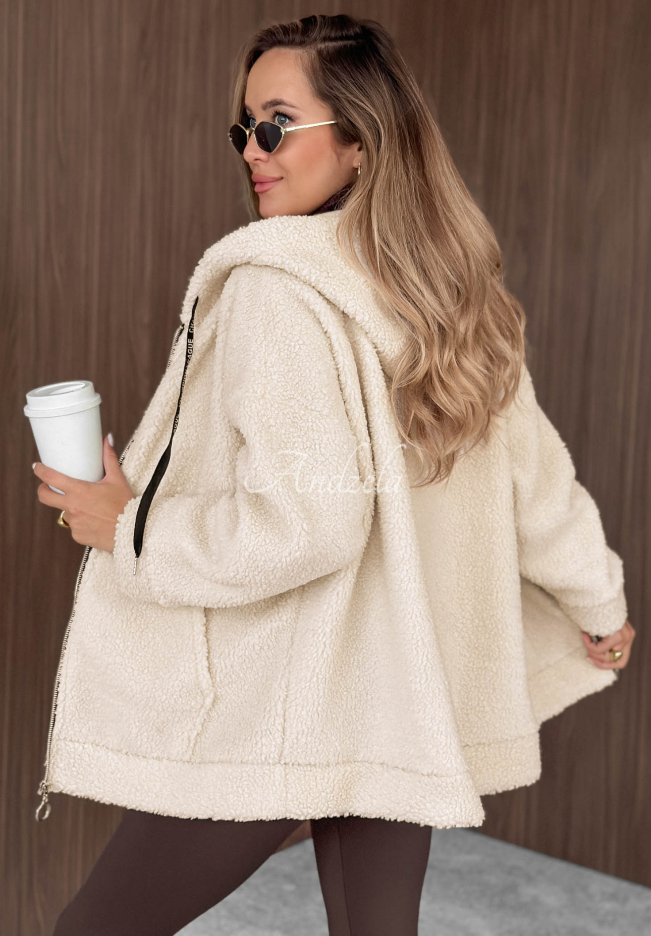 Beige "Warm Espresso" Hooded Sheepskin Jacket with Pockets