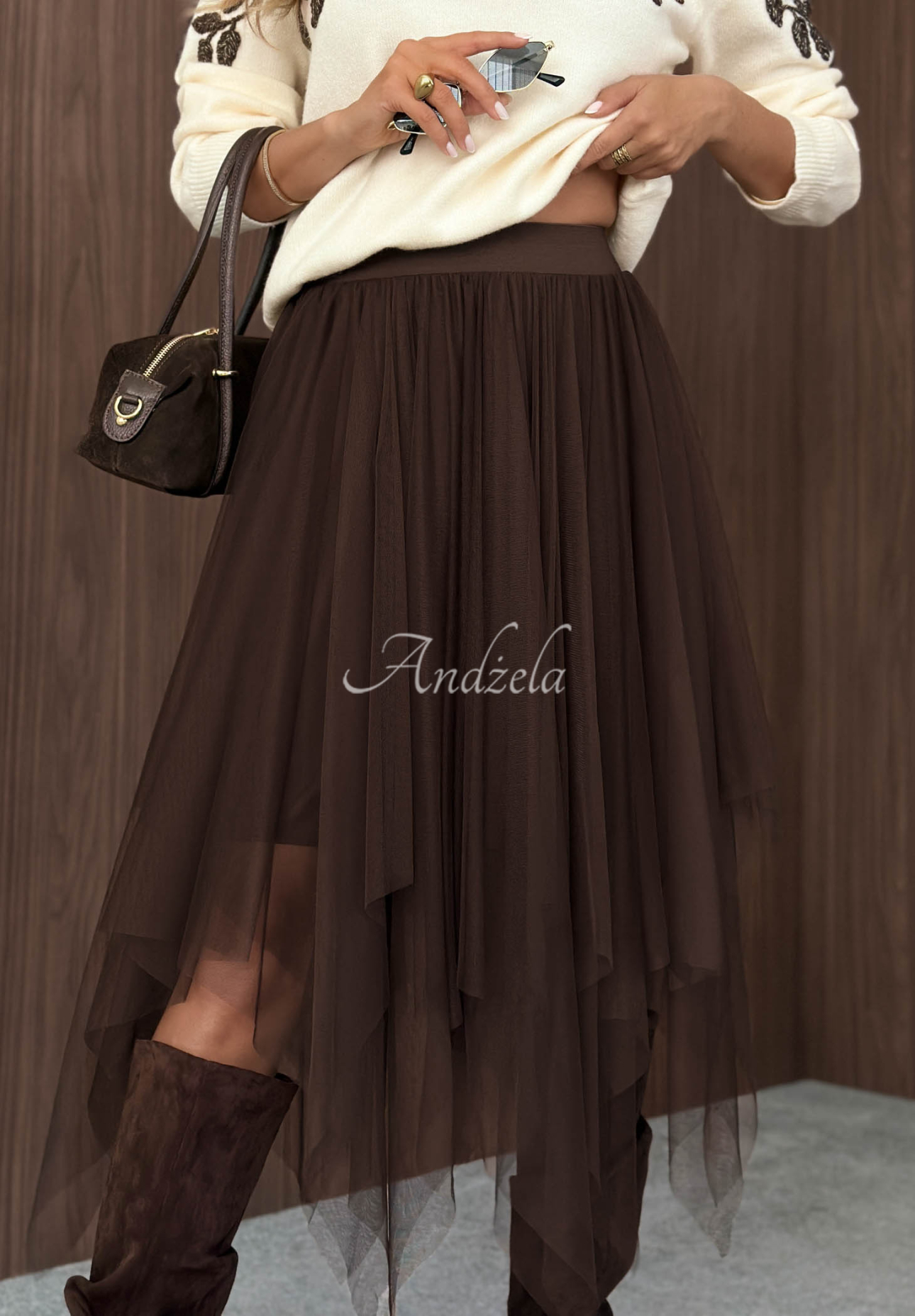 Tiulowa spódnica midi Style Affair czekoladowa