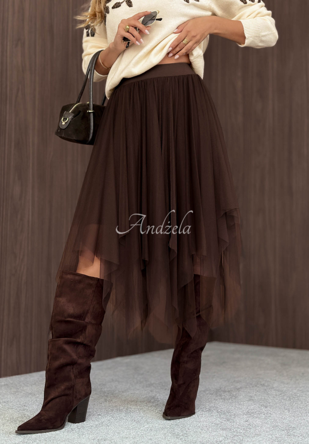 Tiulowa sp&oacute;dnica midi Style Affair czekoladowa