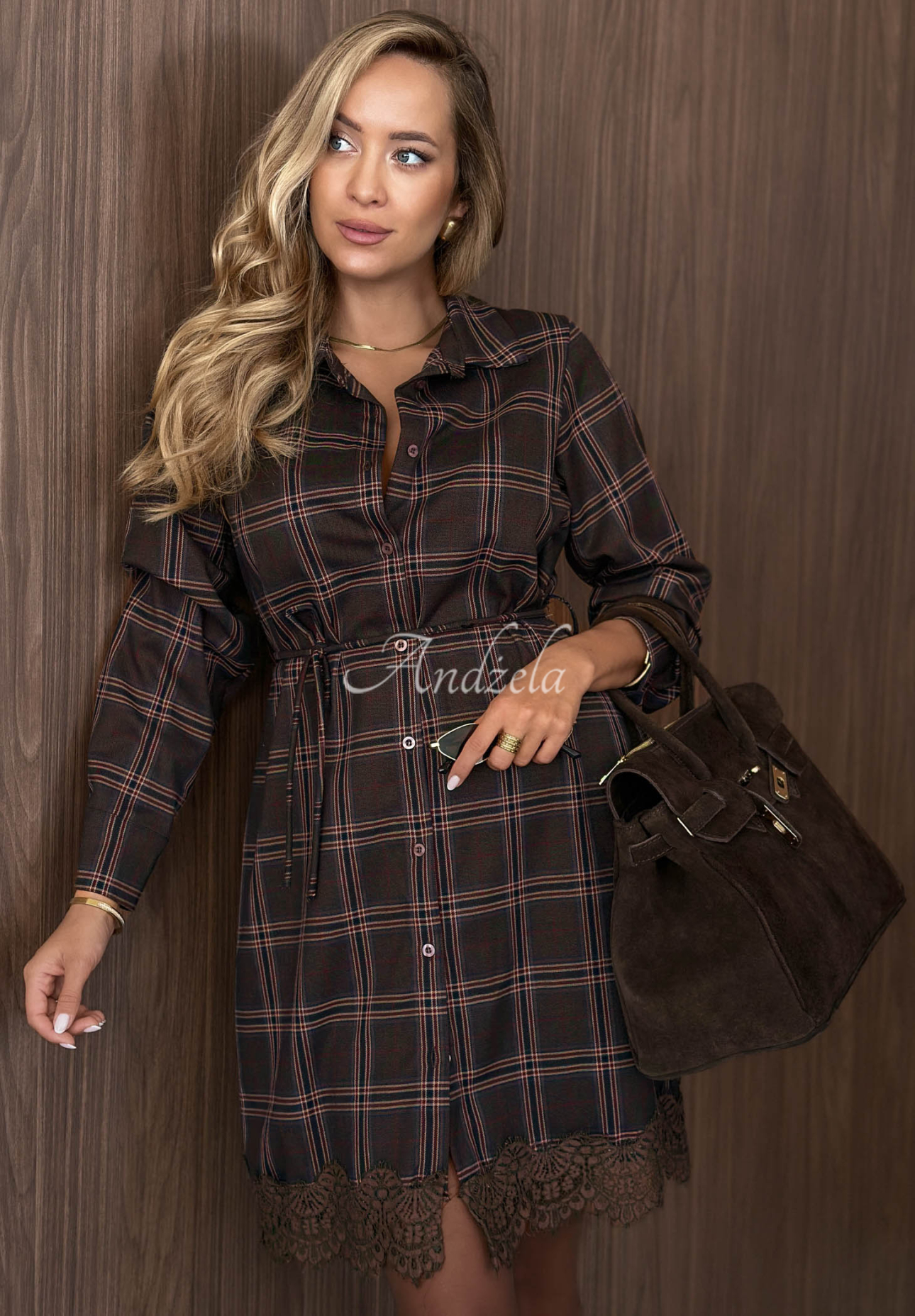 Cozy Romance Chocolate-Colored Checkered Shirt Dress with Lace