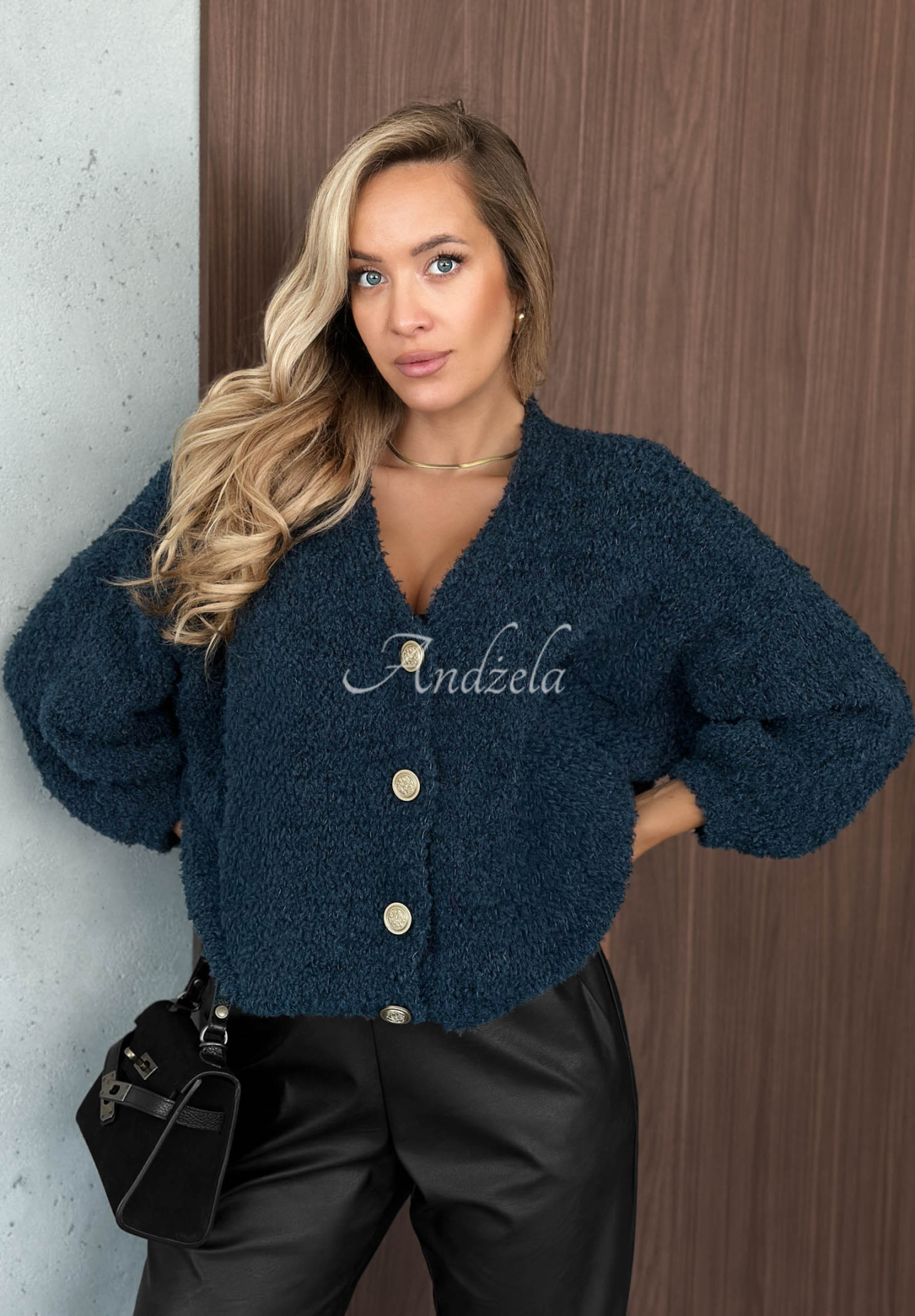 Rainy Caramel Short Cardigan with Wool and Mohair, Navy Blue