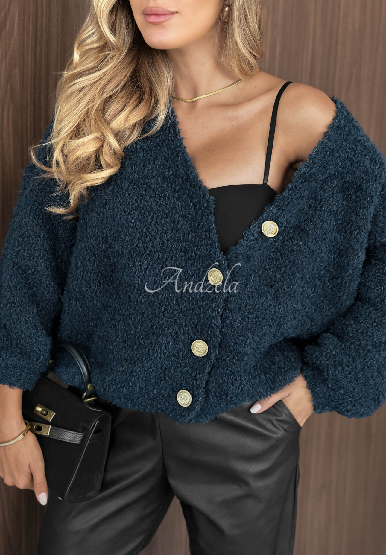 Rainy Caramel Short Cardigan with Wool and Mohair, Navy Blue