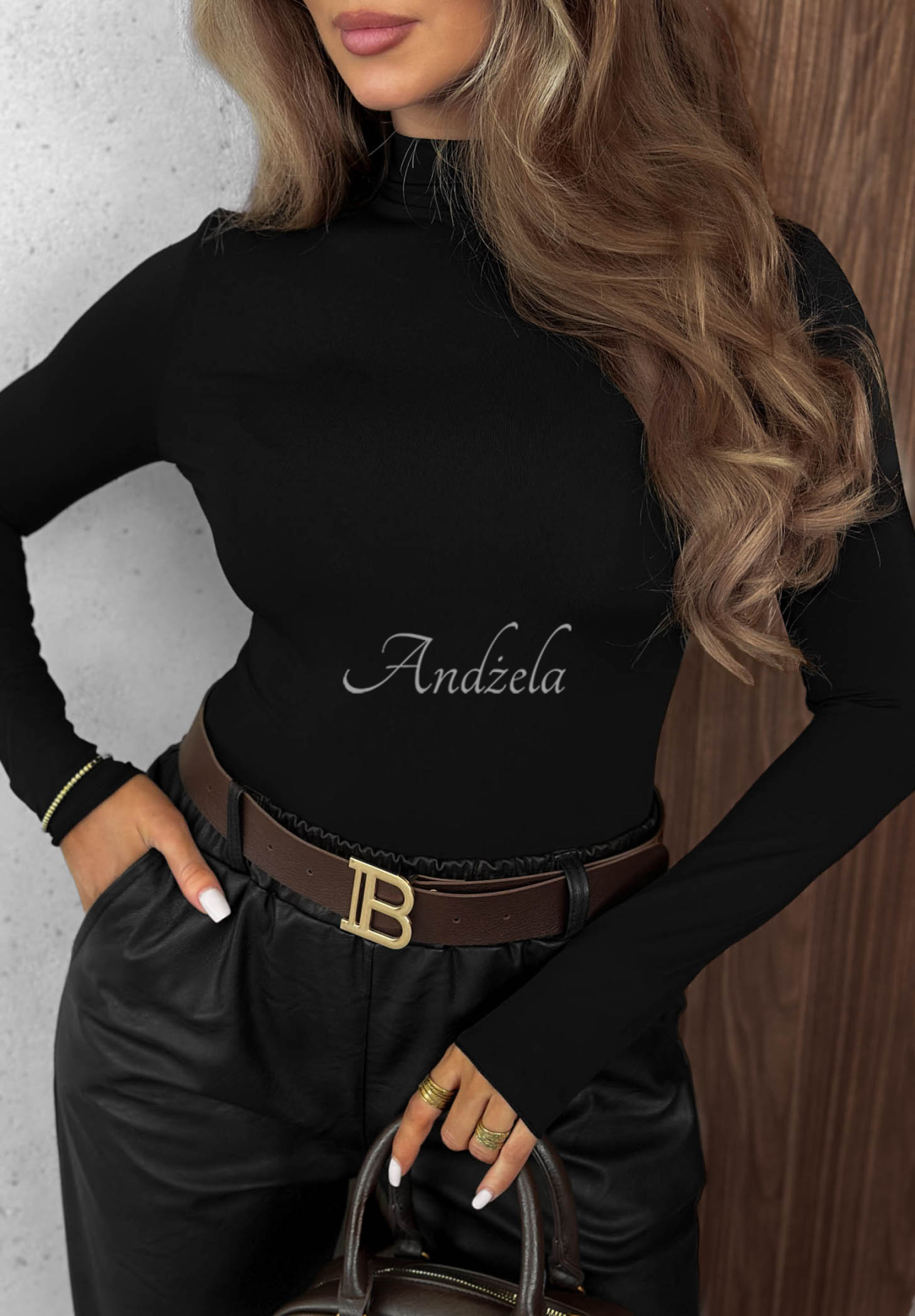 Femme Desire Black Viscose Long-Sleeve Turtleneck Blouse