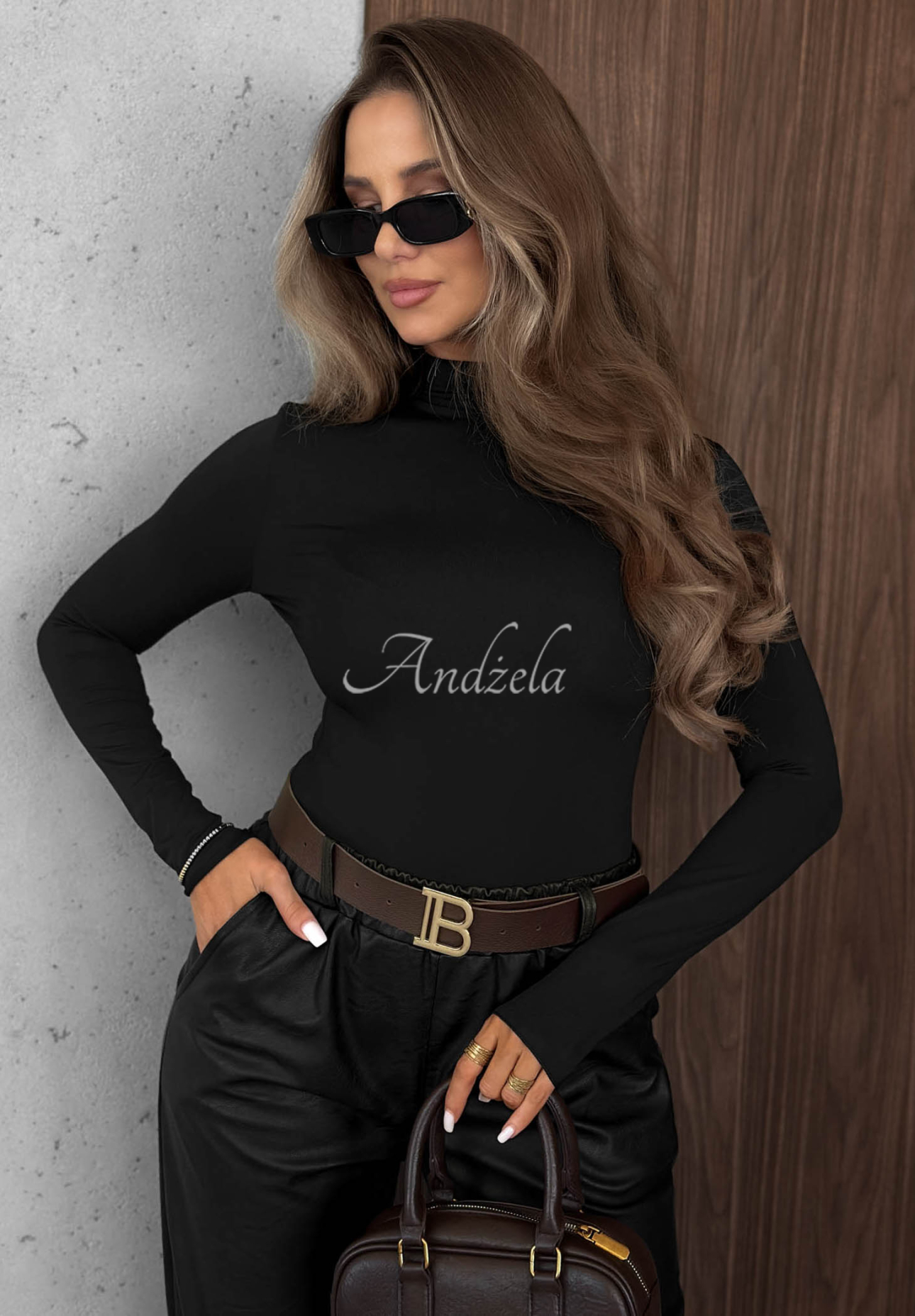 Femme Desire Black Viscose Long-Sleeve Turtleneck Blouse