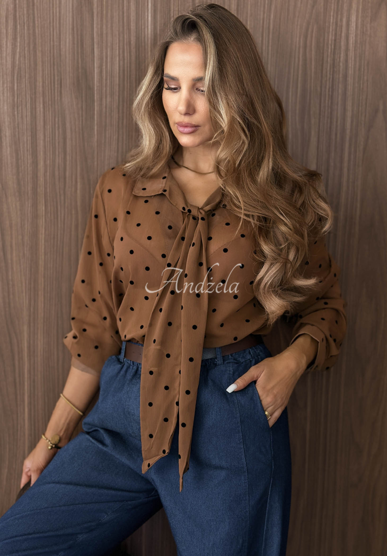 Dear Autumn Chocolate Polka Dot Tie-Front Shirt