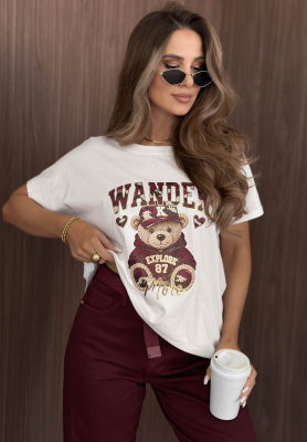 Ecru cotton T-shirt with Wander Bear print