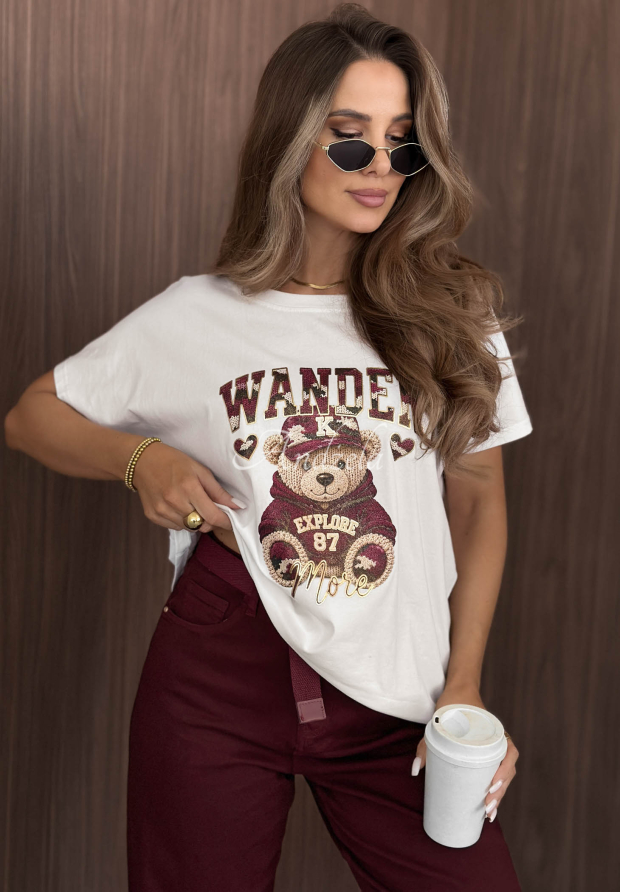 Bawełniany t-shirt z nadrukiem Wander Bear ecru