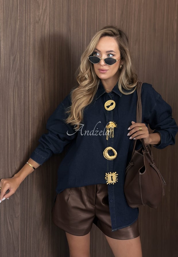 Hello Monday Navy Blue Denim Shirt with Brooches