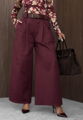 Bawełniane spodnie wide leg z paskiem Iconic Style jagodowe