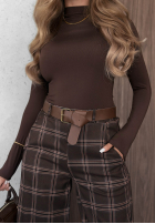 Materiałowe spodnie mom fit w kratę z paskiem Warm Desire czekoladowe