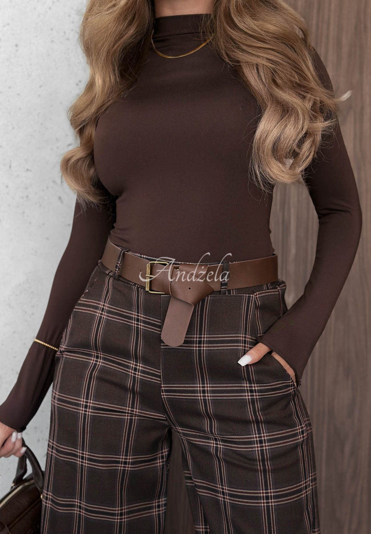 Warm Desire Chocolate-Colored Checkered Cotton-Viscose Pants