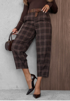 Materiałowe spodnie mom fit w kratę z paskiem Warm Desire czekoladowe