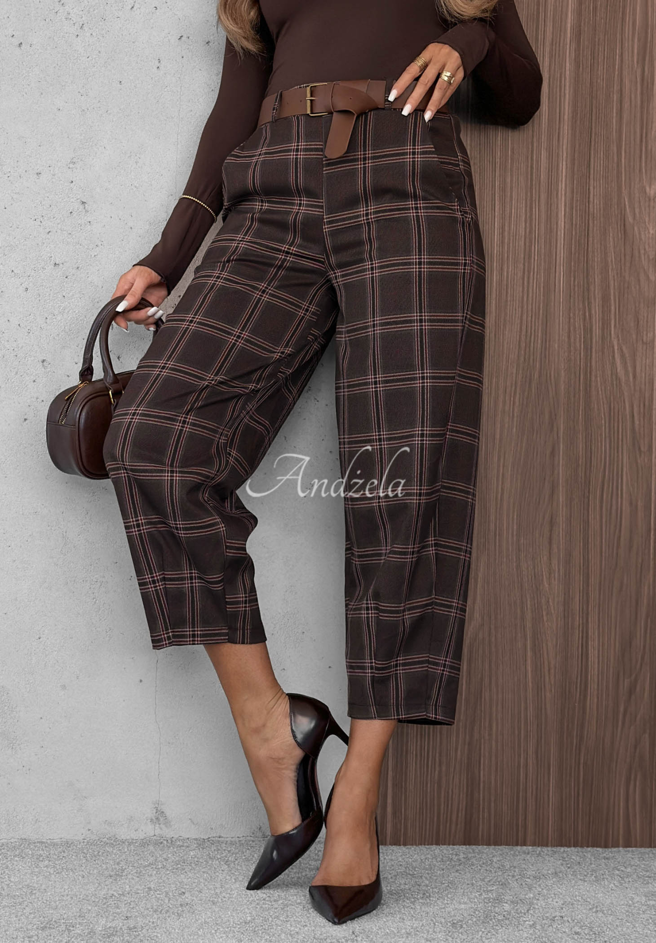 Warm Desire Chocolate-Colored Checkered Cotton-Viscose Pants