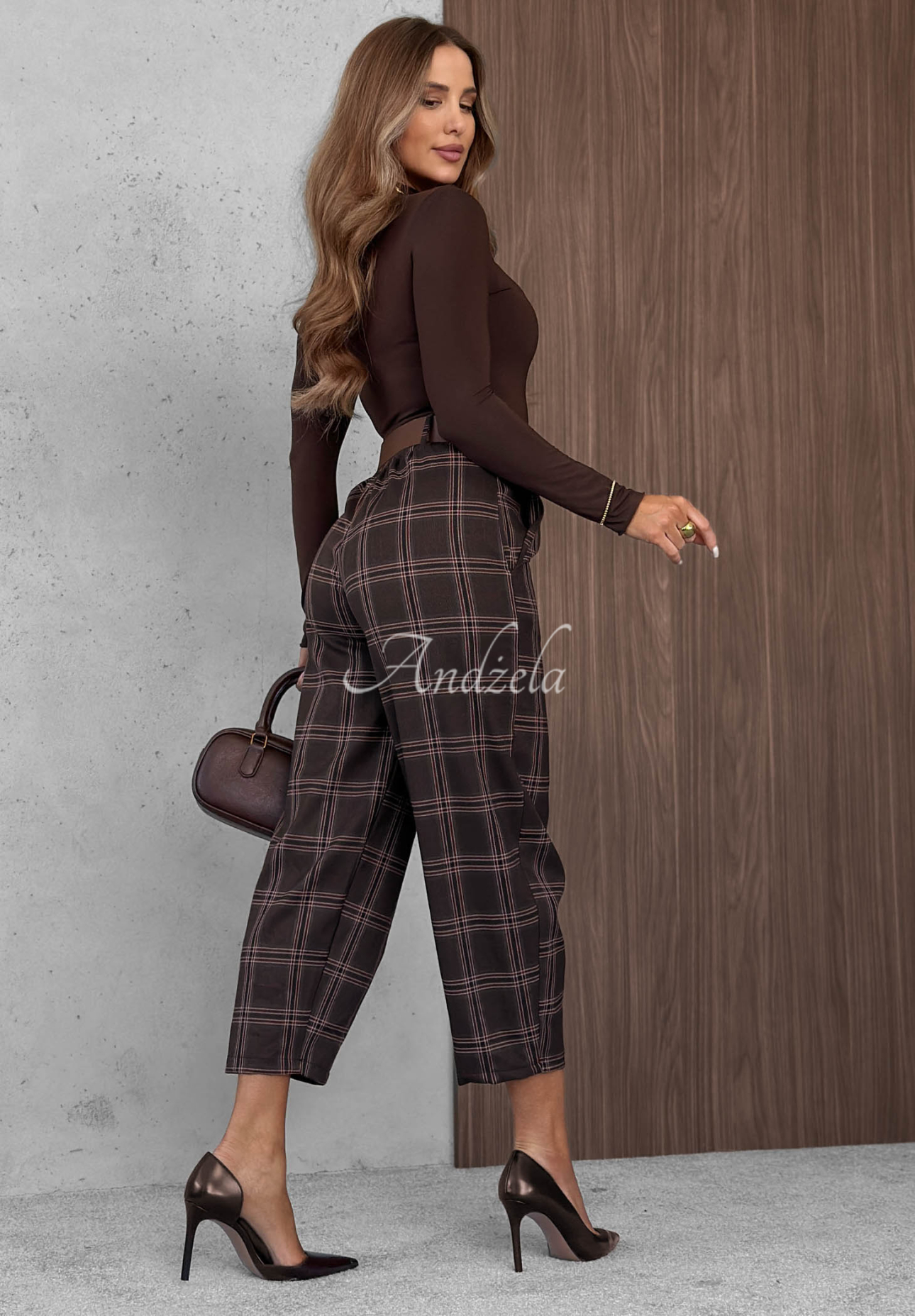 Warm Desire Chocolate-Colored Checkered Cotton-Viscose Pants
