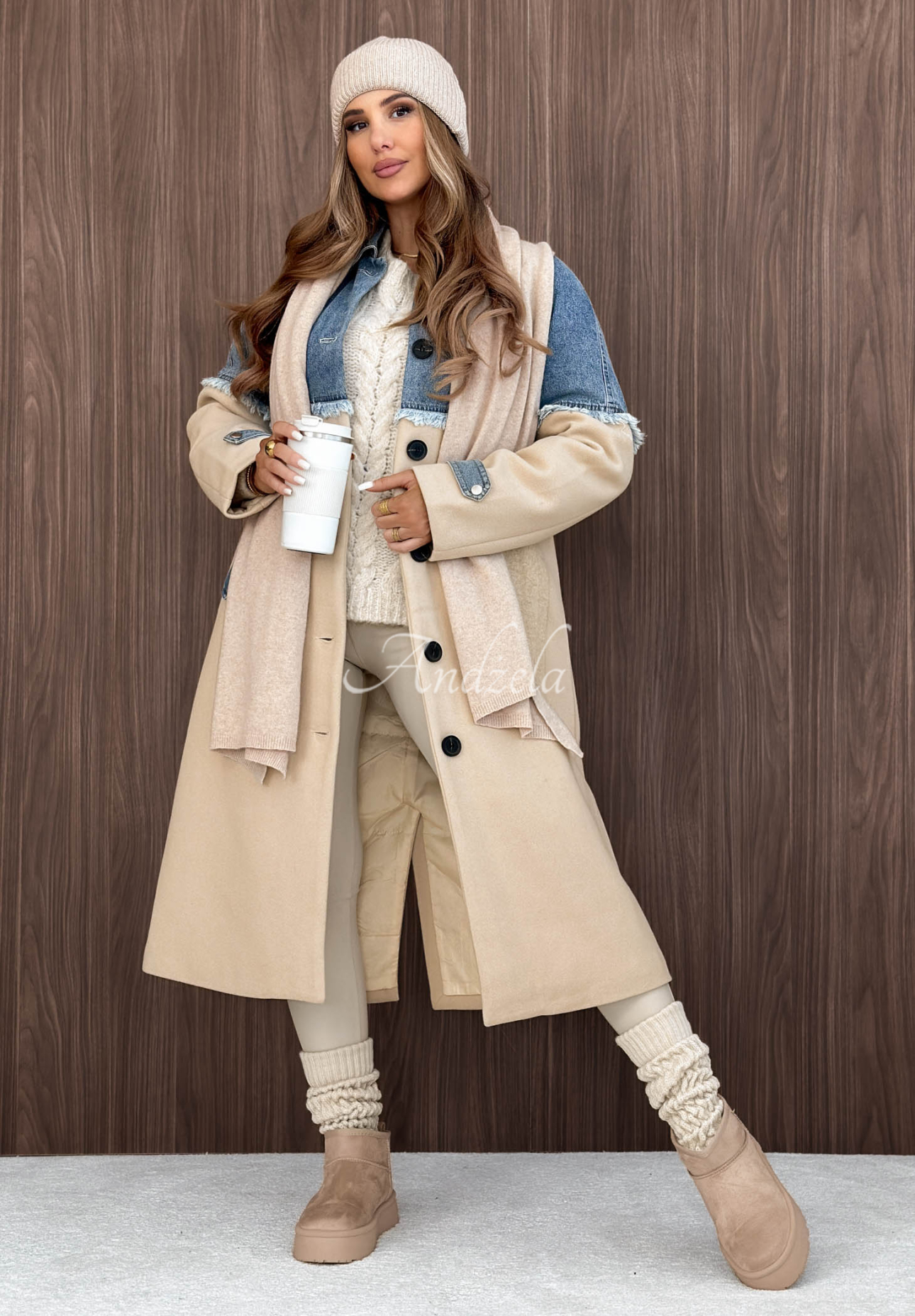 Park Avenue Long Coat with Denim Accents, Beige and Blue