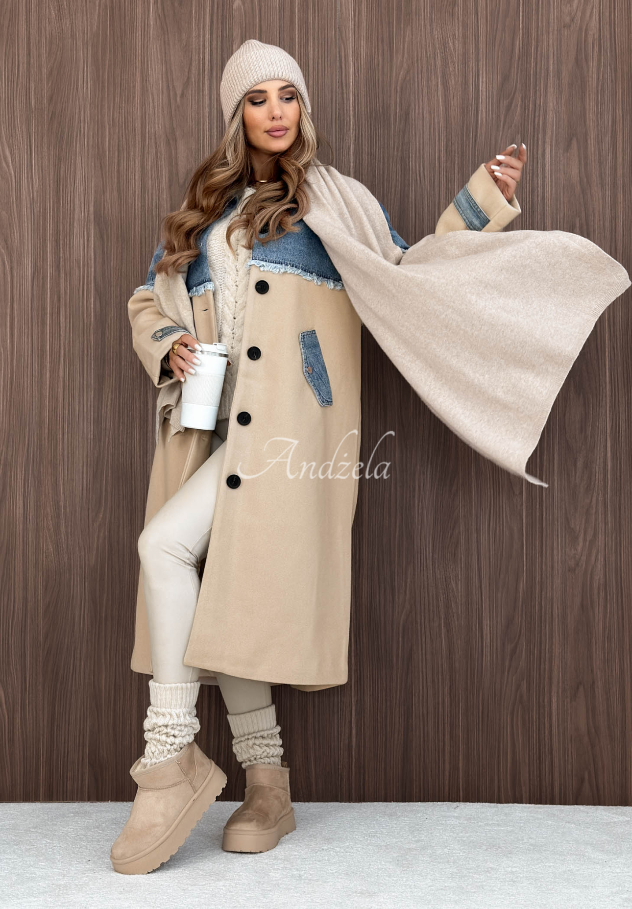 Park Avenue Long Coat with Denim Accents, Beige and Blue